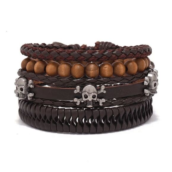 LEATHER SILVER SKULL BEAD BRACELET SET - 4 Piece Set in Brown - Picture 1 of 1